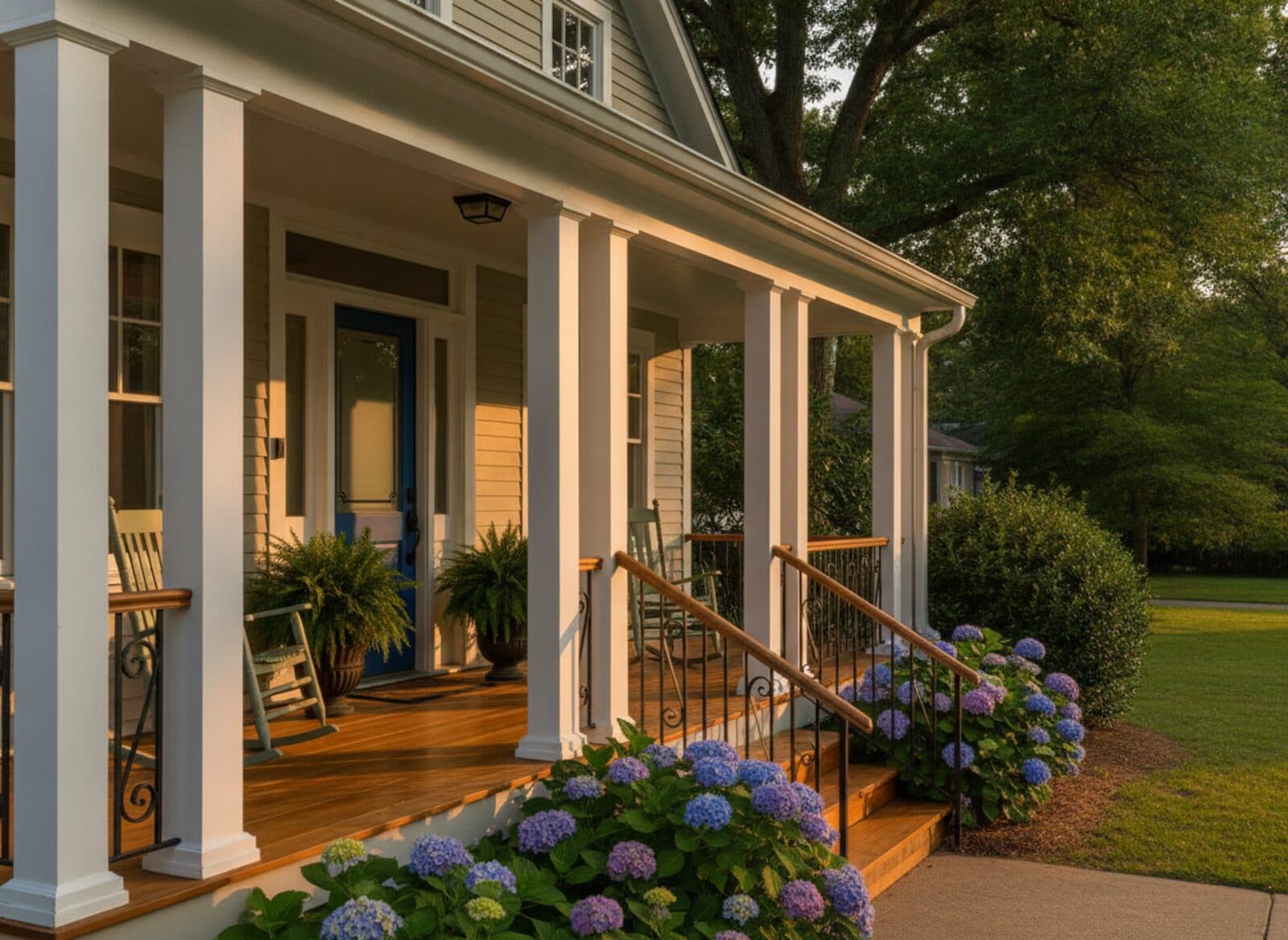 Classic Southern front porch with white columns, rocking chairs and warm wood floor